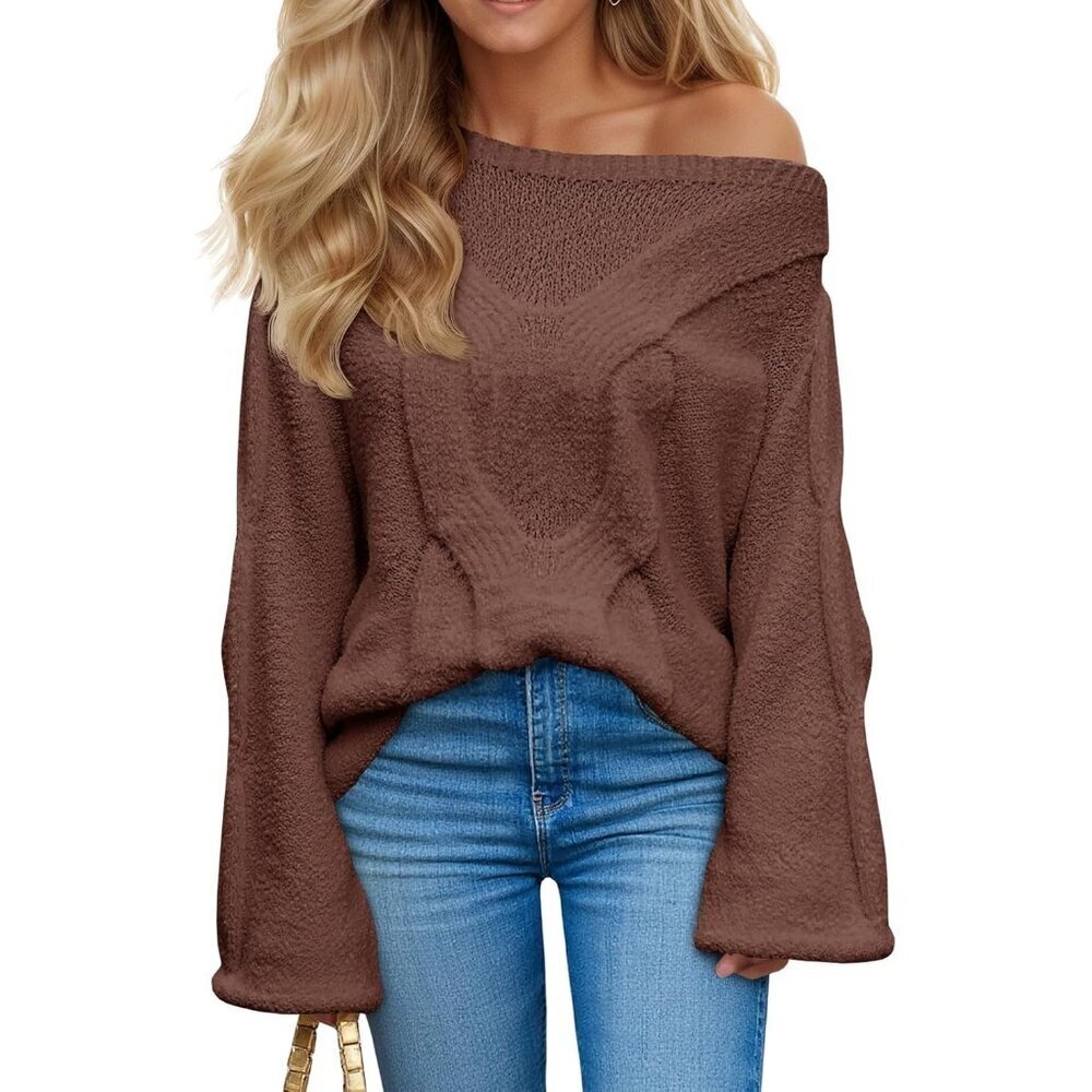 Women’s Off Shoulder Sweater Knit Long Lantern Sleeve Casual Fall Cozy Pullover